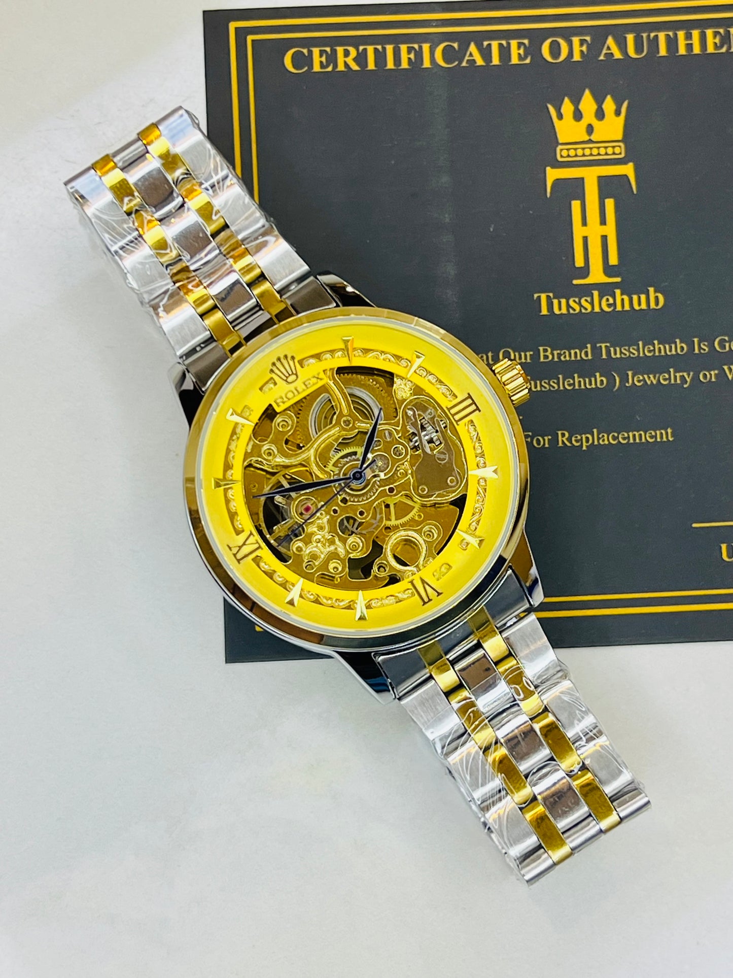 R-1 Two Tone Gold Chain Strap Skeleton Automatic Watch