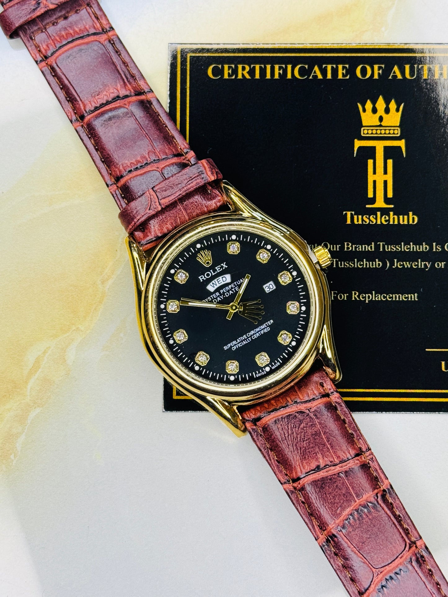 Brown Gold Black Round Leather Rolex Watch