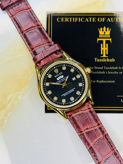 Brown Gold Black Round Leather Rolex Watch