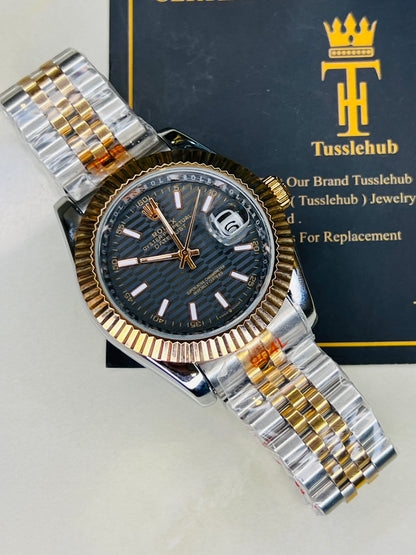 Jubilee Date Just Silver Rose Fluted Bezel Black Dial Automatic Watch