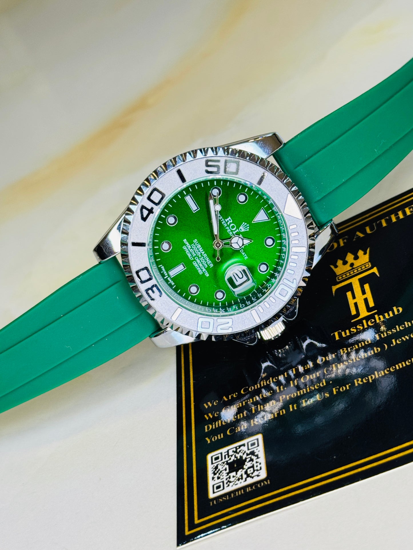 Green Silver Dial Black Yatchmaster Watch