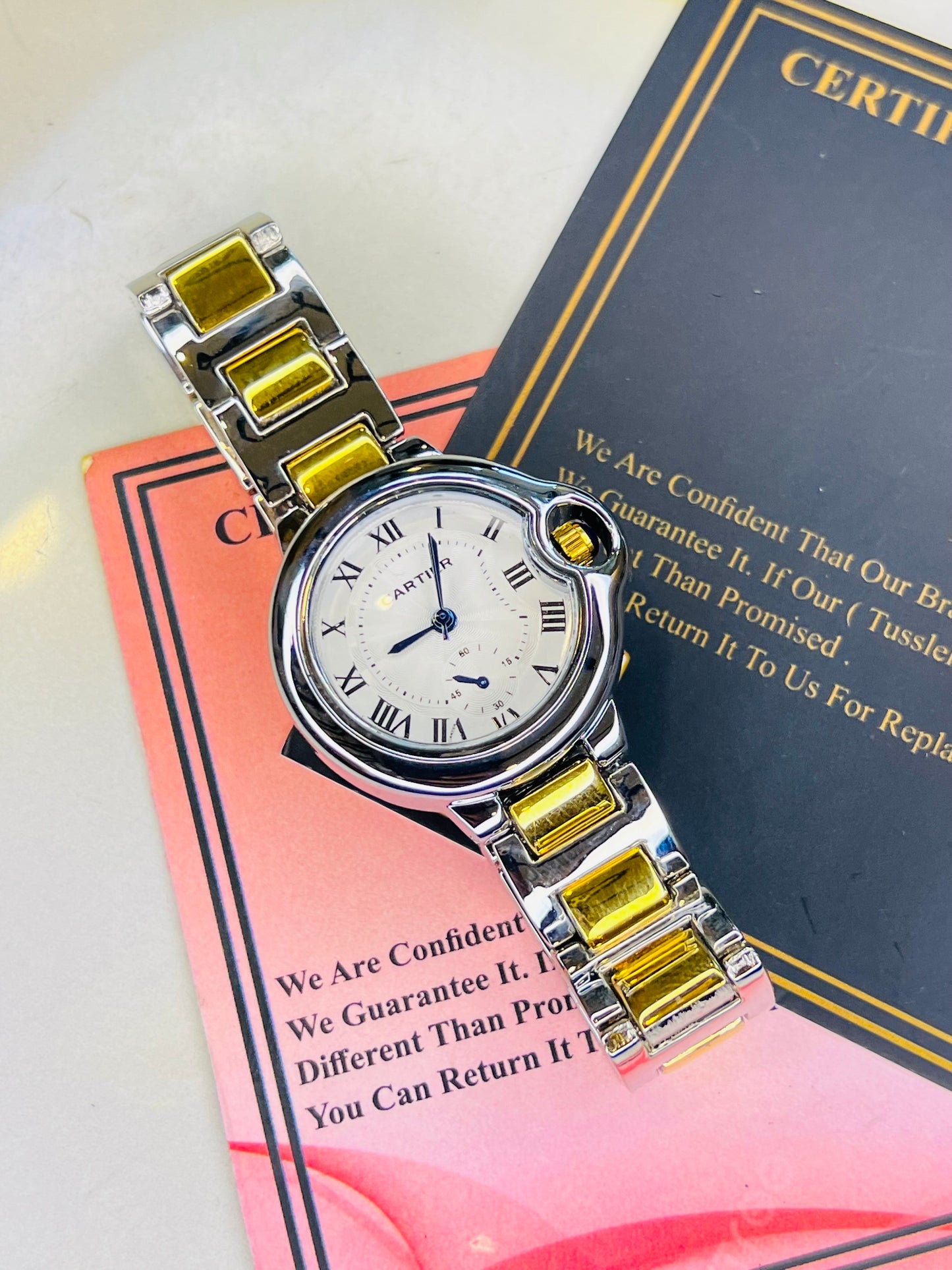 Cartier Silver Gold White Down Second Dial Watch For Her