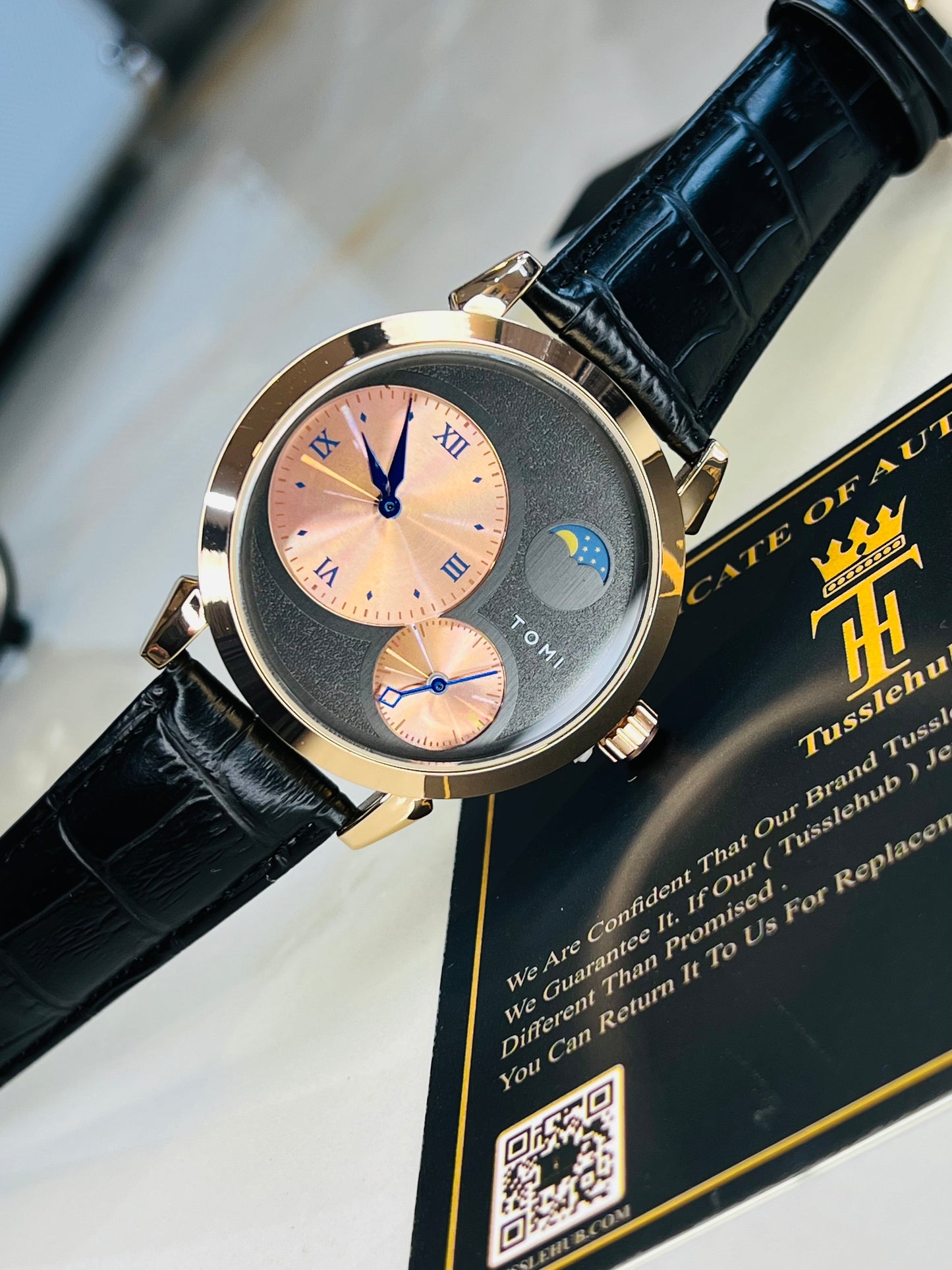 Tomi Black Rose Gold Moon graph Dial Watch