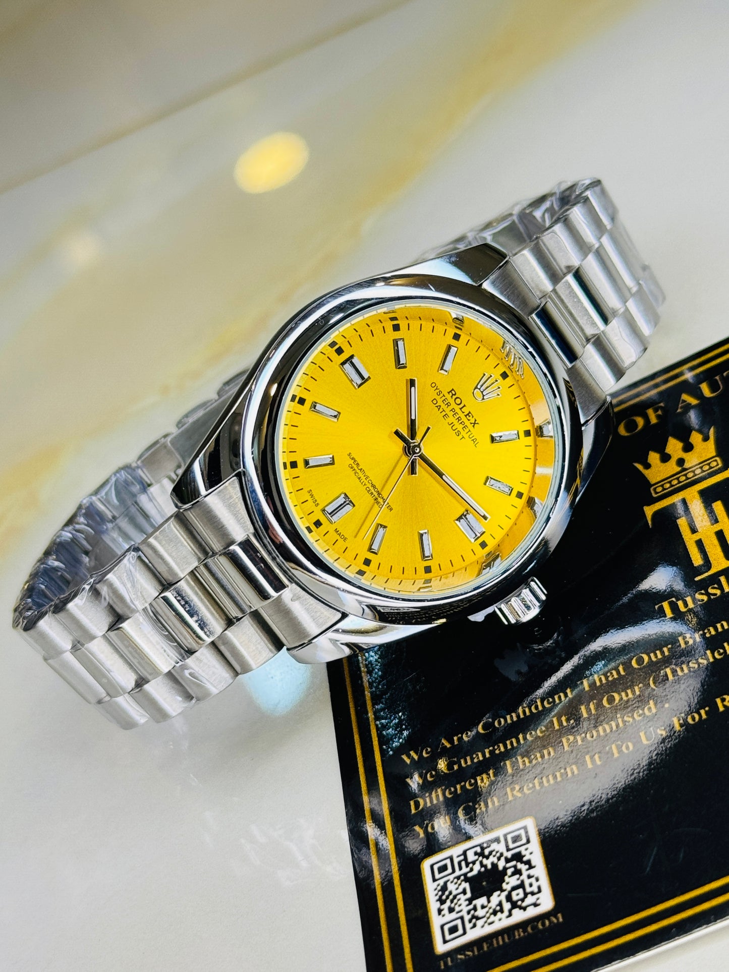 Silver Tiffany Yellow Round Rolex Watch