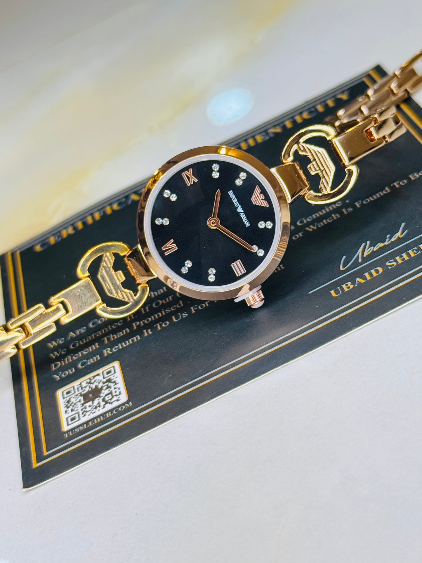 Emporio Rose Gold Black Watch for her
