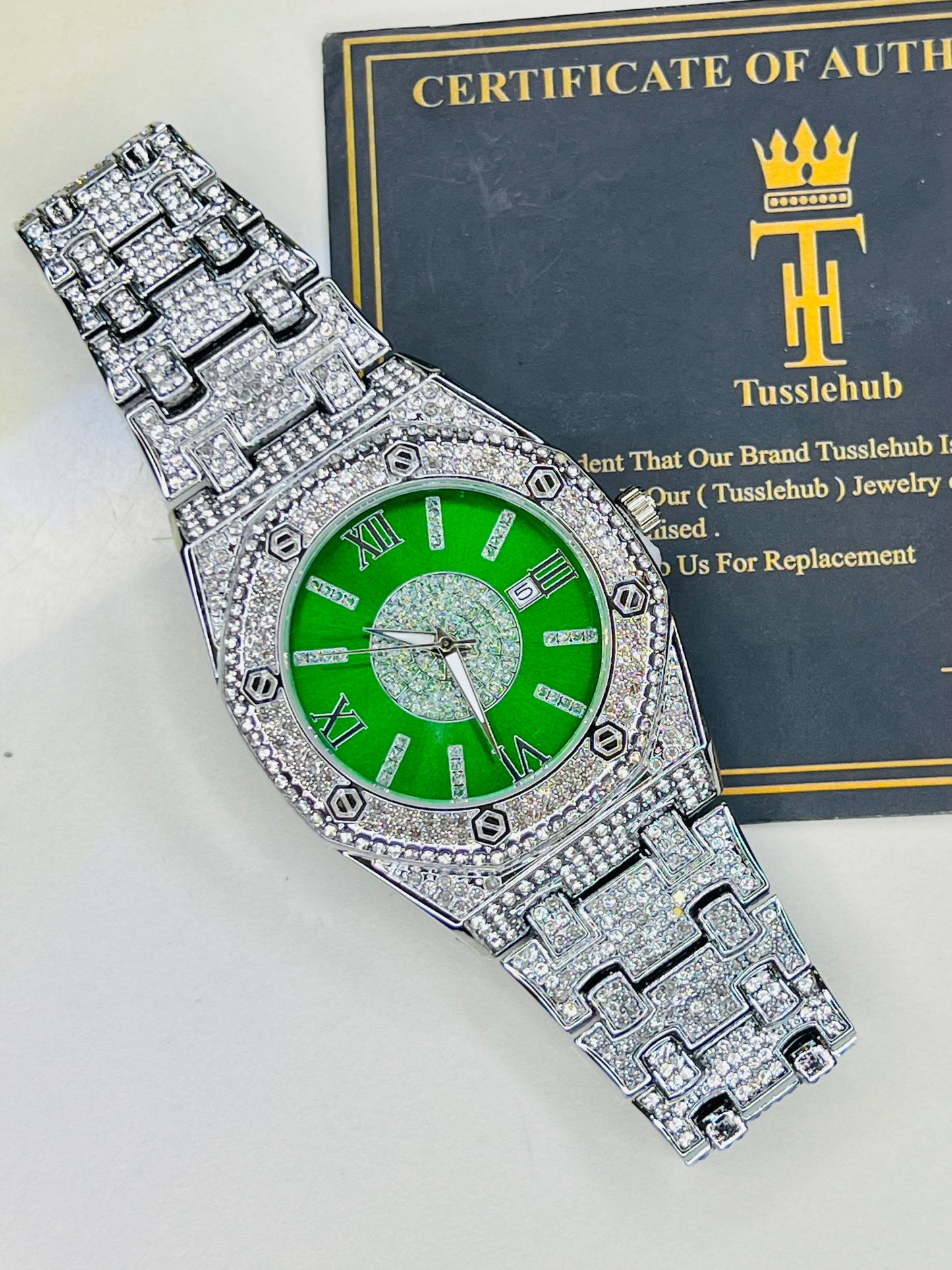 Silver Emerald AP Iced Out Watch
