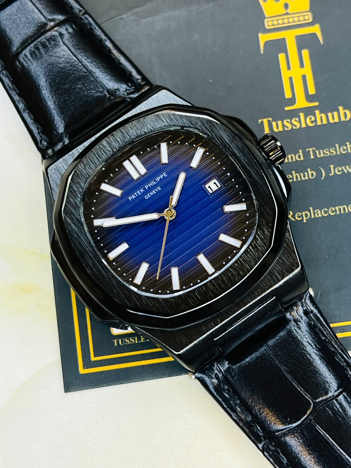 Black Leather Black Sapphire Dial Nautilus Watch