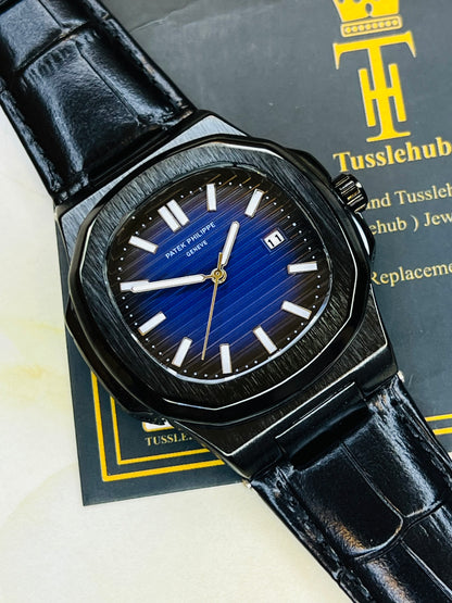 Black Leather Black Sapphire Dial Nautilus Watch