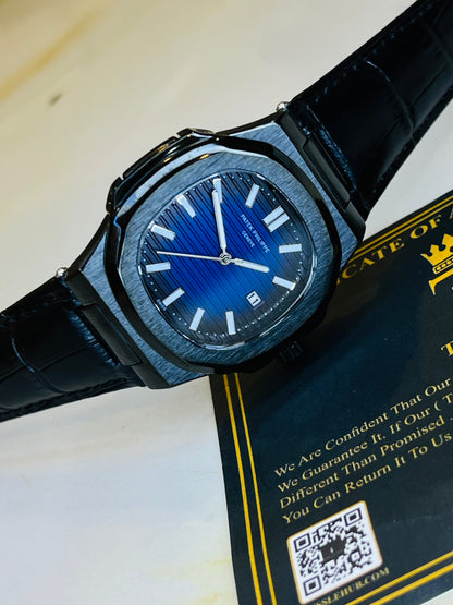 Black Leather Black Sapphire Dial Nautilus Watch