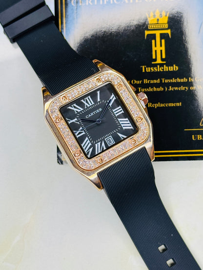 Rosegold Black Iced Tank Silicon Cartier Watch