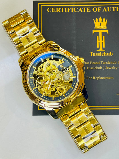 R-2 Gold Navy Chain Strap Skeleton Automatic Watch