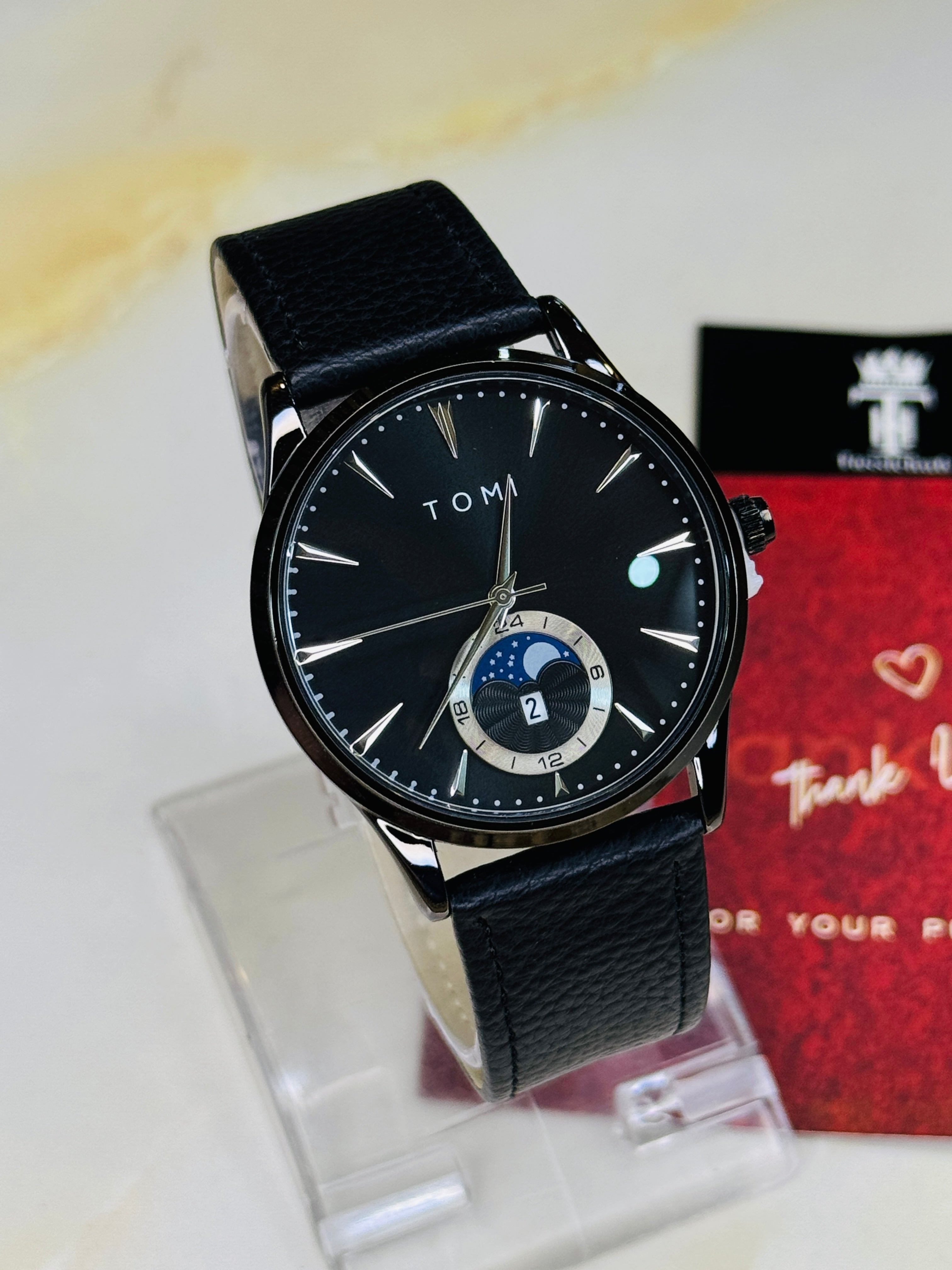 Tomi All Black Leather Magnetic Strap Watch