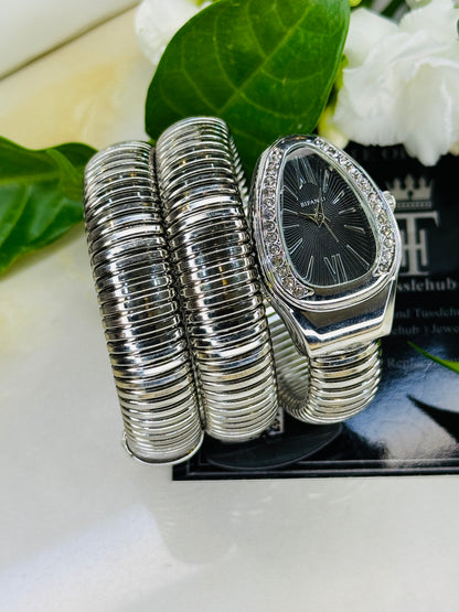 Silver Black Serpentine Watch For Her