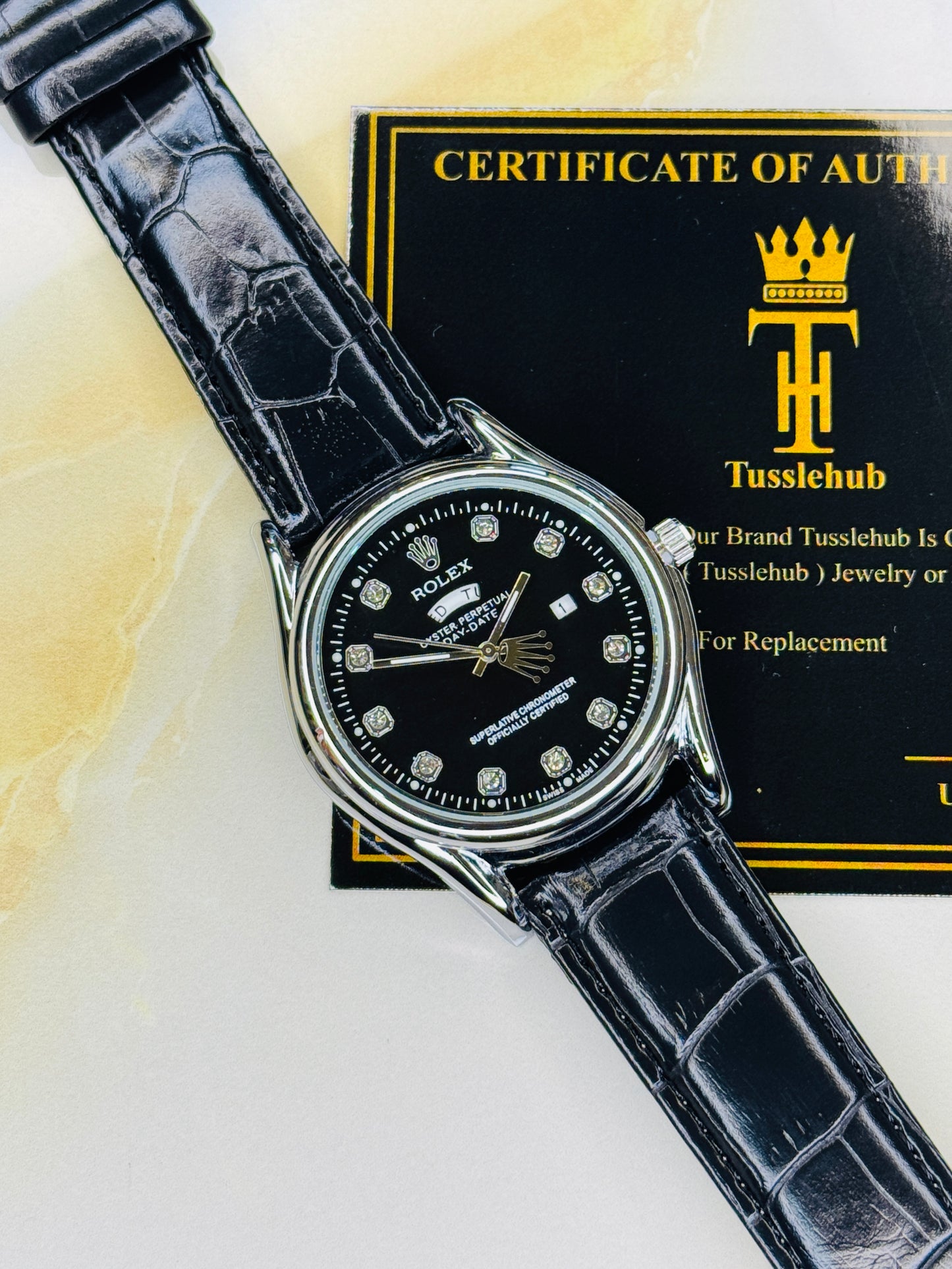 Black Silver Black Round Leather Rolex Watch