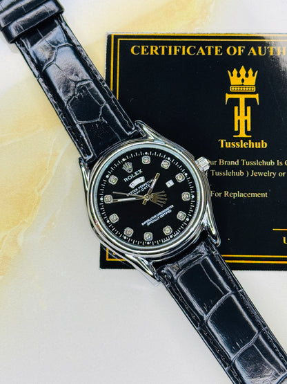Black Silver Black Round Leather Rolex Watch
