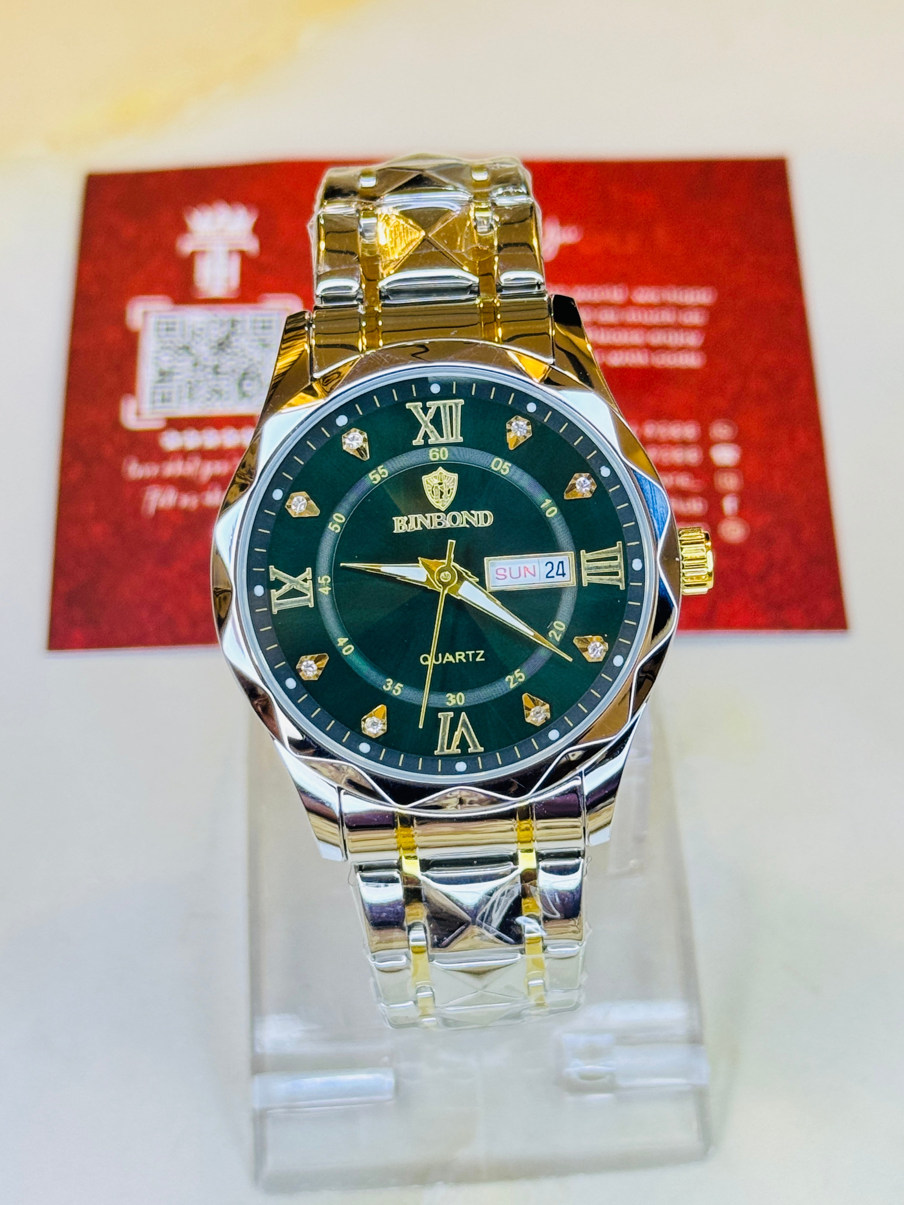 Forest Green Binbond Diamond Dial Watch