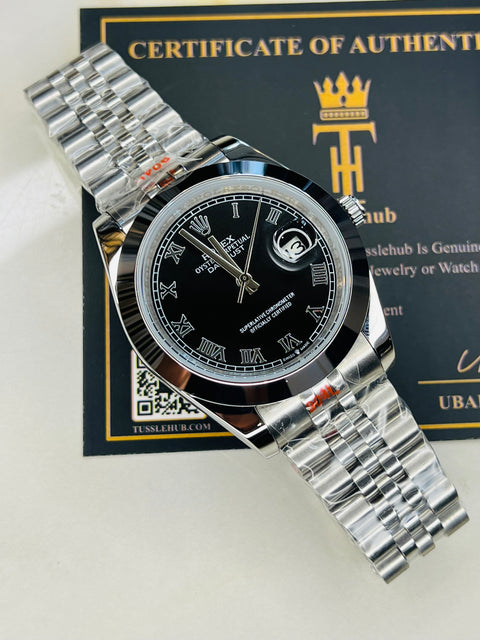 Roman Date Just Silver Black Plain Bezel Automatic Watch