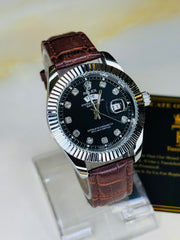 Brown Silver Black Day Date Leather Rolex Watch