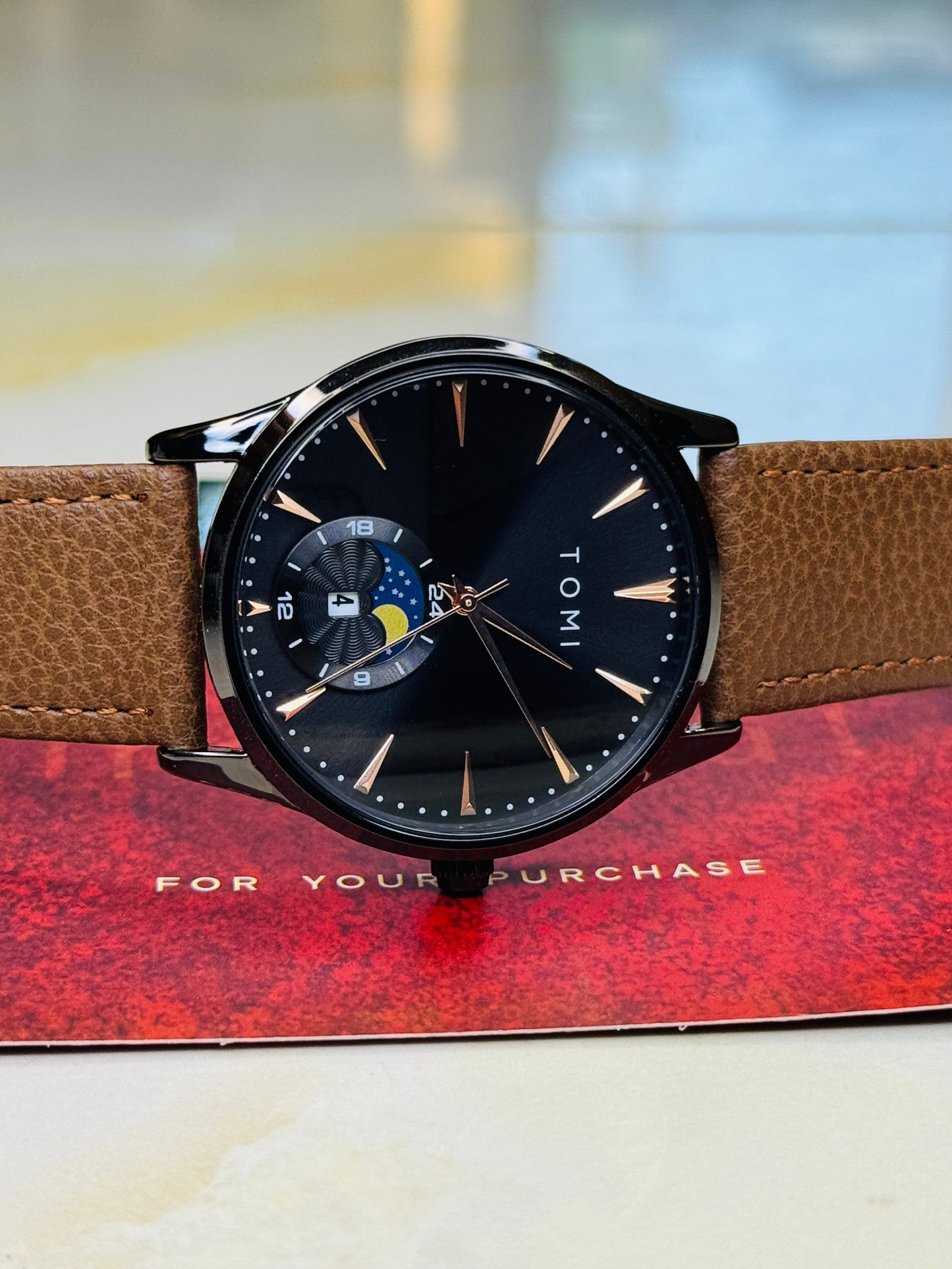 Tomi Brown Black Leather Magnetic Strap Watch
