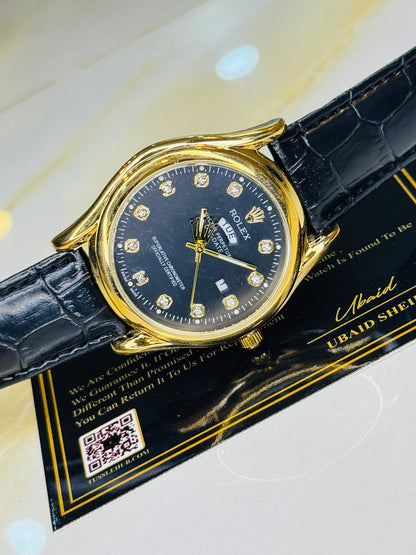 Black Gold Black Round Leather Rolex Watch