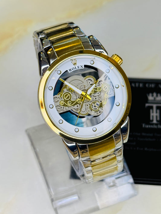 Two Tone White Skeleton Rolex Watch