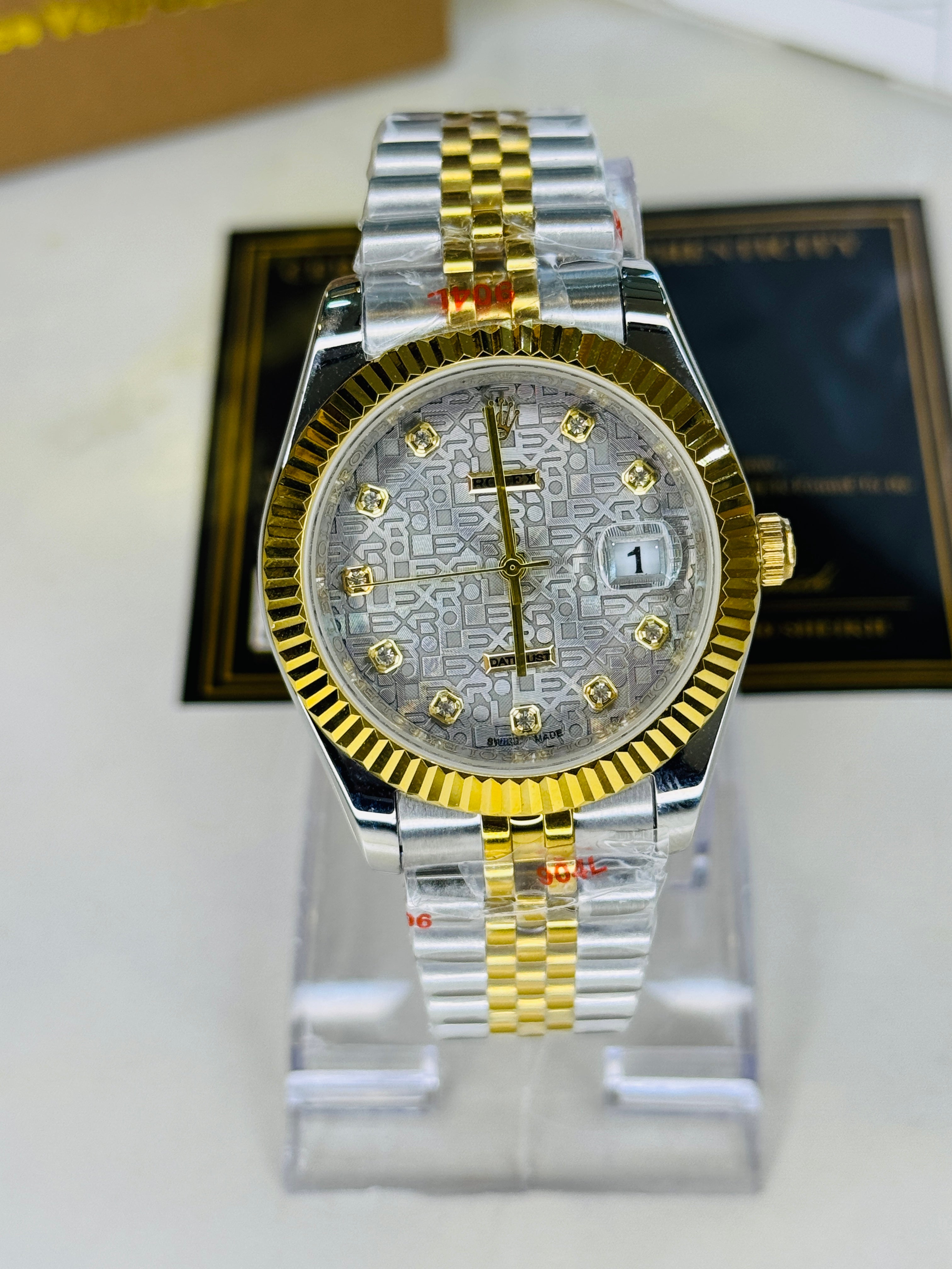 Jubilee Date Just Two Tone Diamond Fluted Grey Textured Dial Quartz Watch