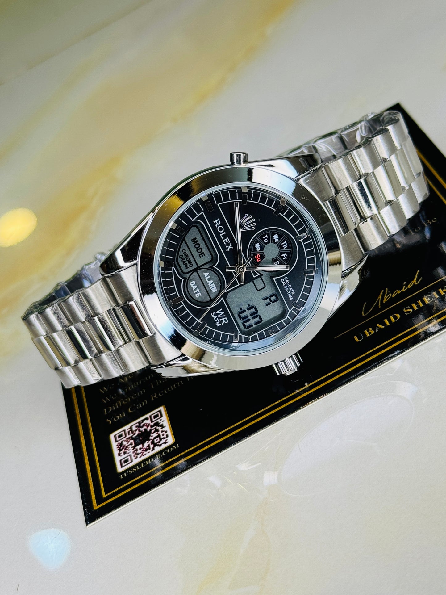 Premium Dual Time Silver Black Dial Watch