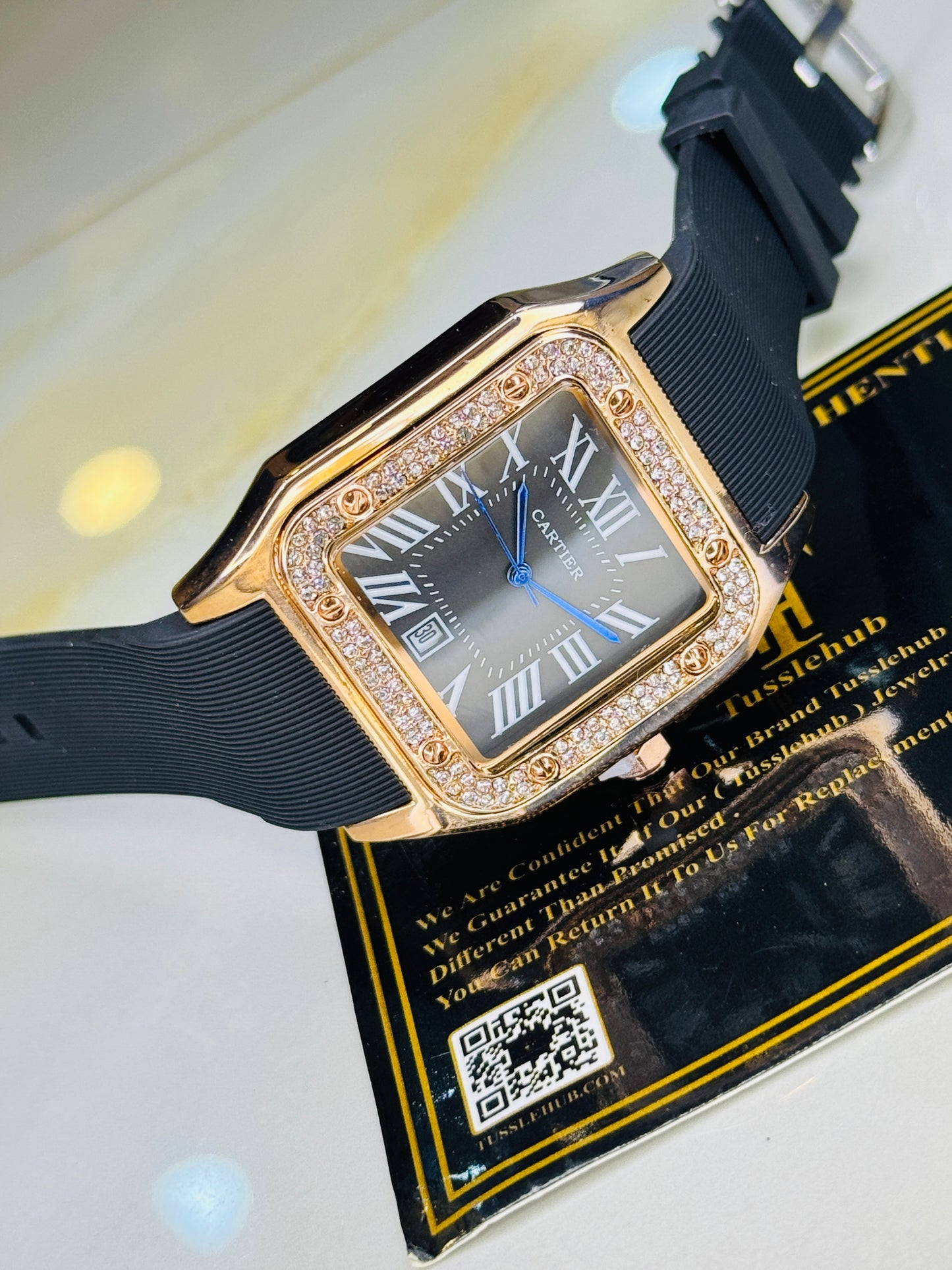 Rosegold Black Iced Tank Silicon Cartier Watch