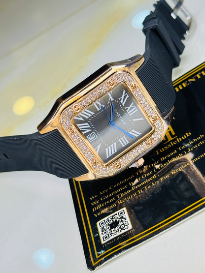 Rosegold Black Iced Tank Silicon Cartier Watch
