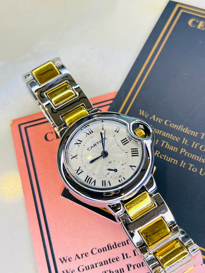 Cartier Silver Gold White Down Second Dial Watch For Her