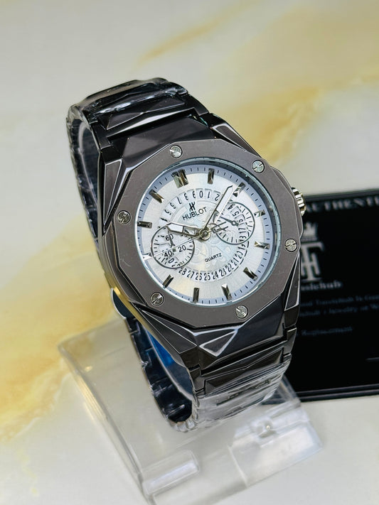 Black Prism Chain Strapped Silver Hologram Dial Hublot Watch