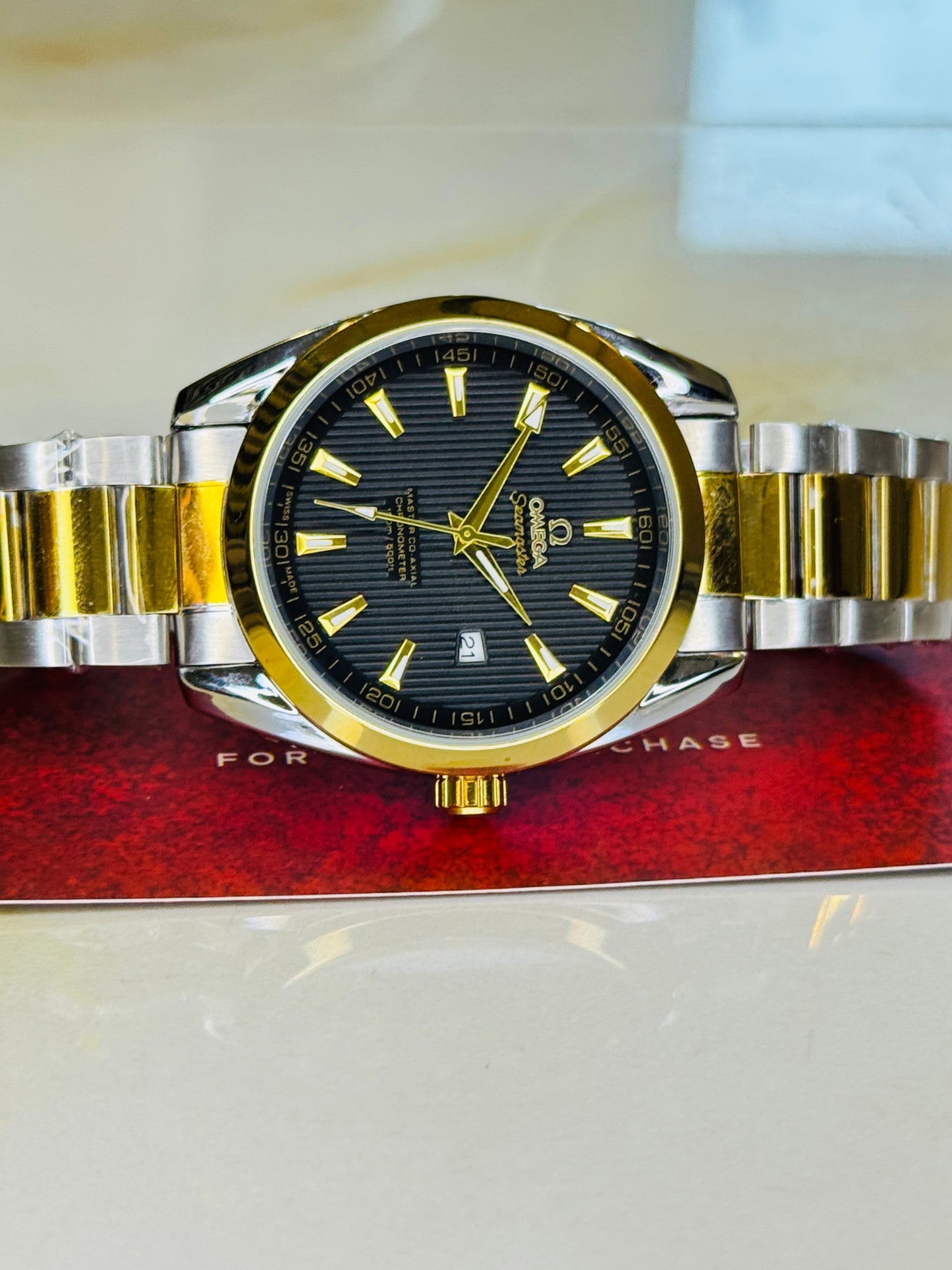 Two Tone Black Chain Strapped Omega Sea Master Watch