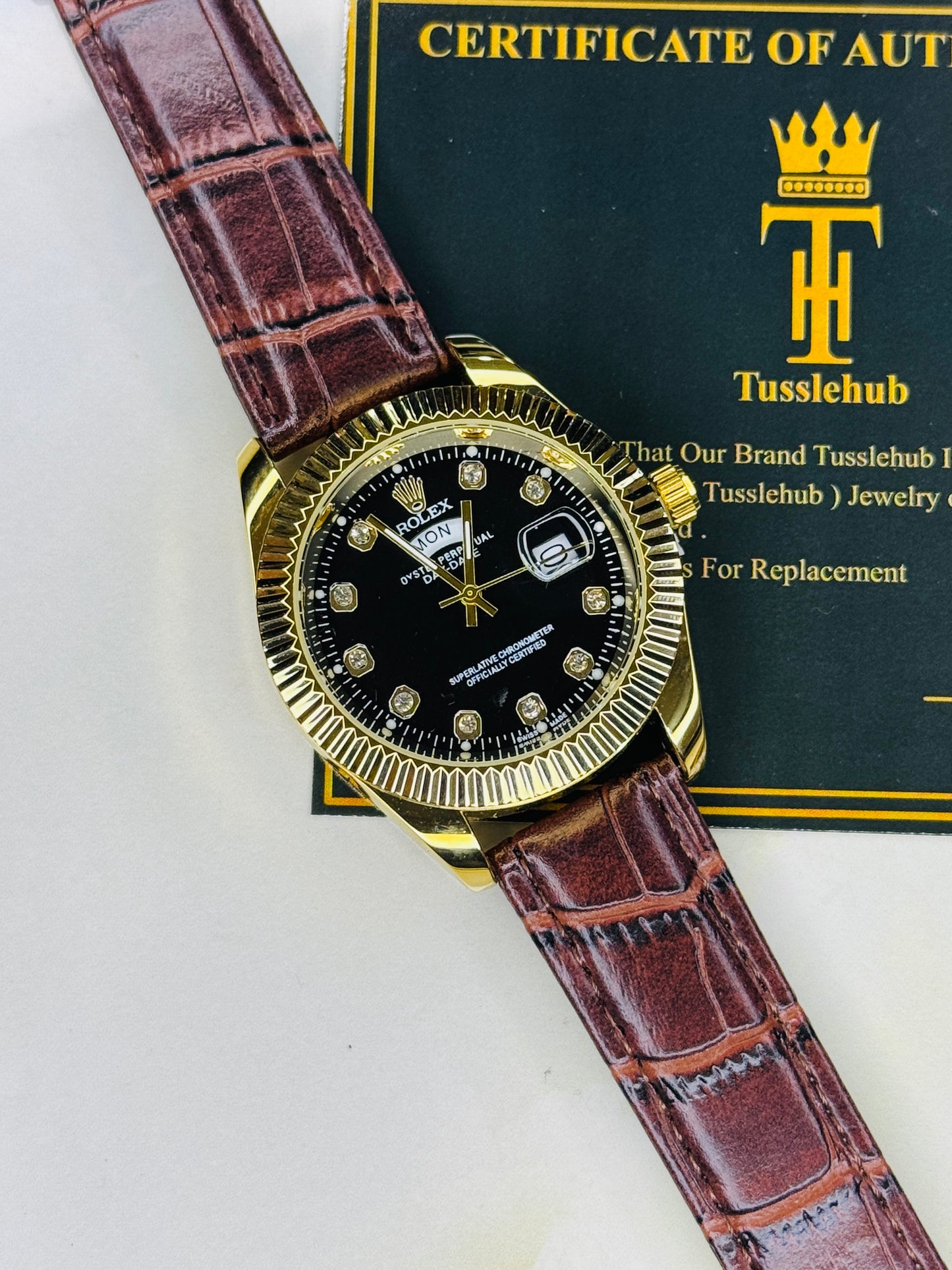 Brown Gold Black Day Date Leather Rolex Watch