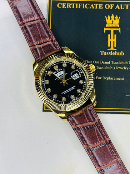 Brown Gold Black Day Date Leather Rolex Watch