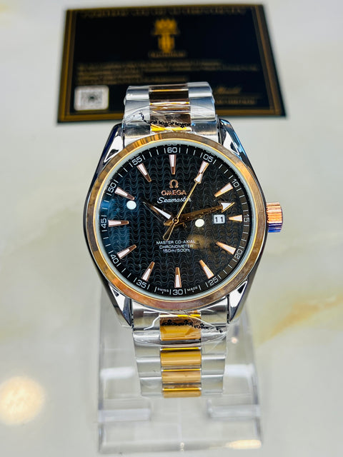 Automatic Sea Master Two Tone Black Dial Watch
