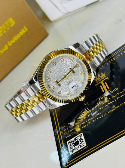 Jubilee Date Just Two Tone Diamond Fluted Grey Textured Dial Quartz Watch