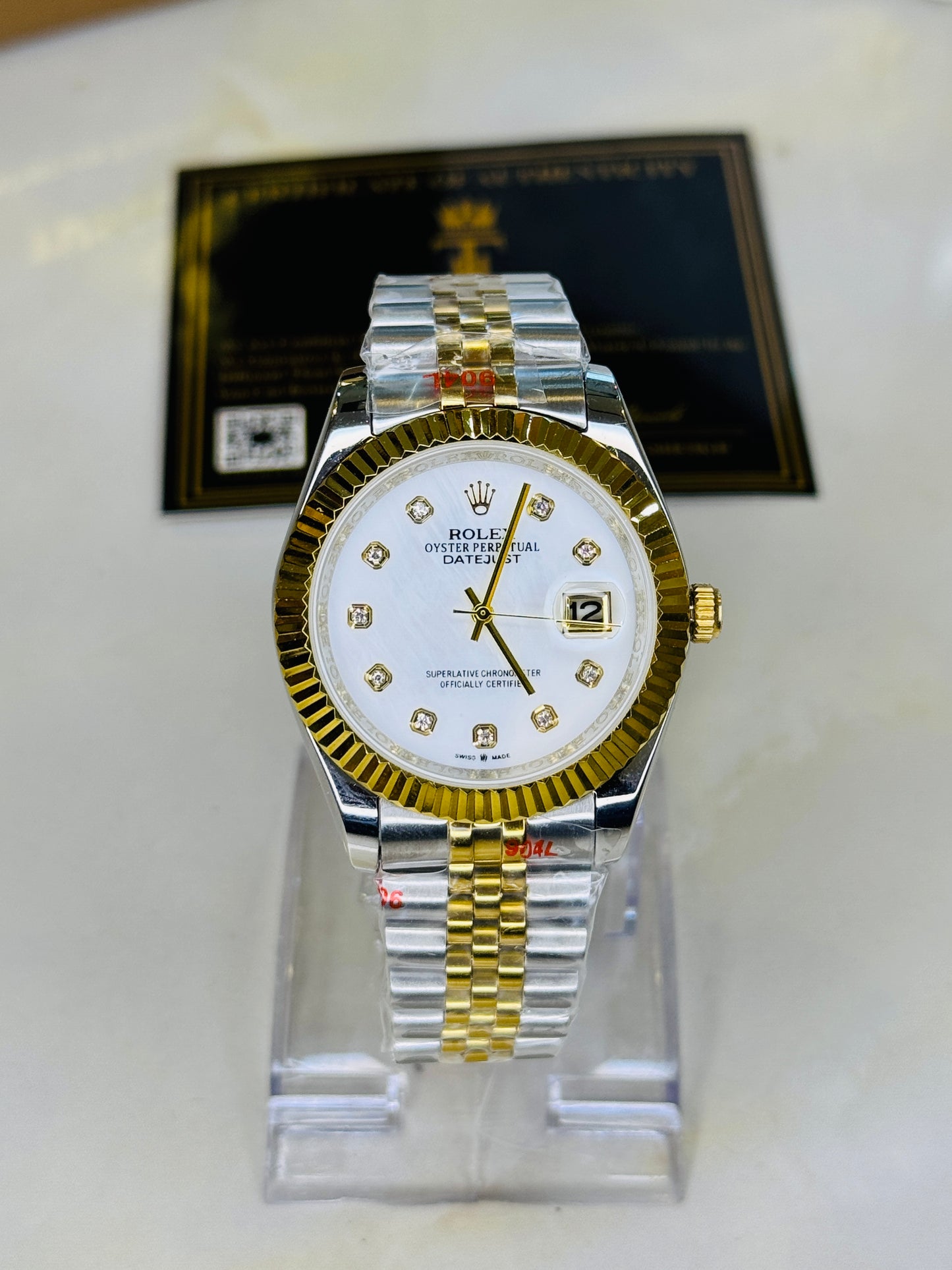 Jubilee Date Just Two Tone Diamond Fluted White Dial Quartz Watch