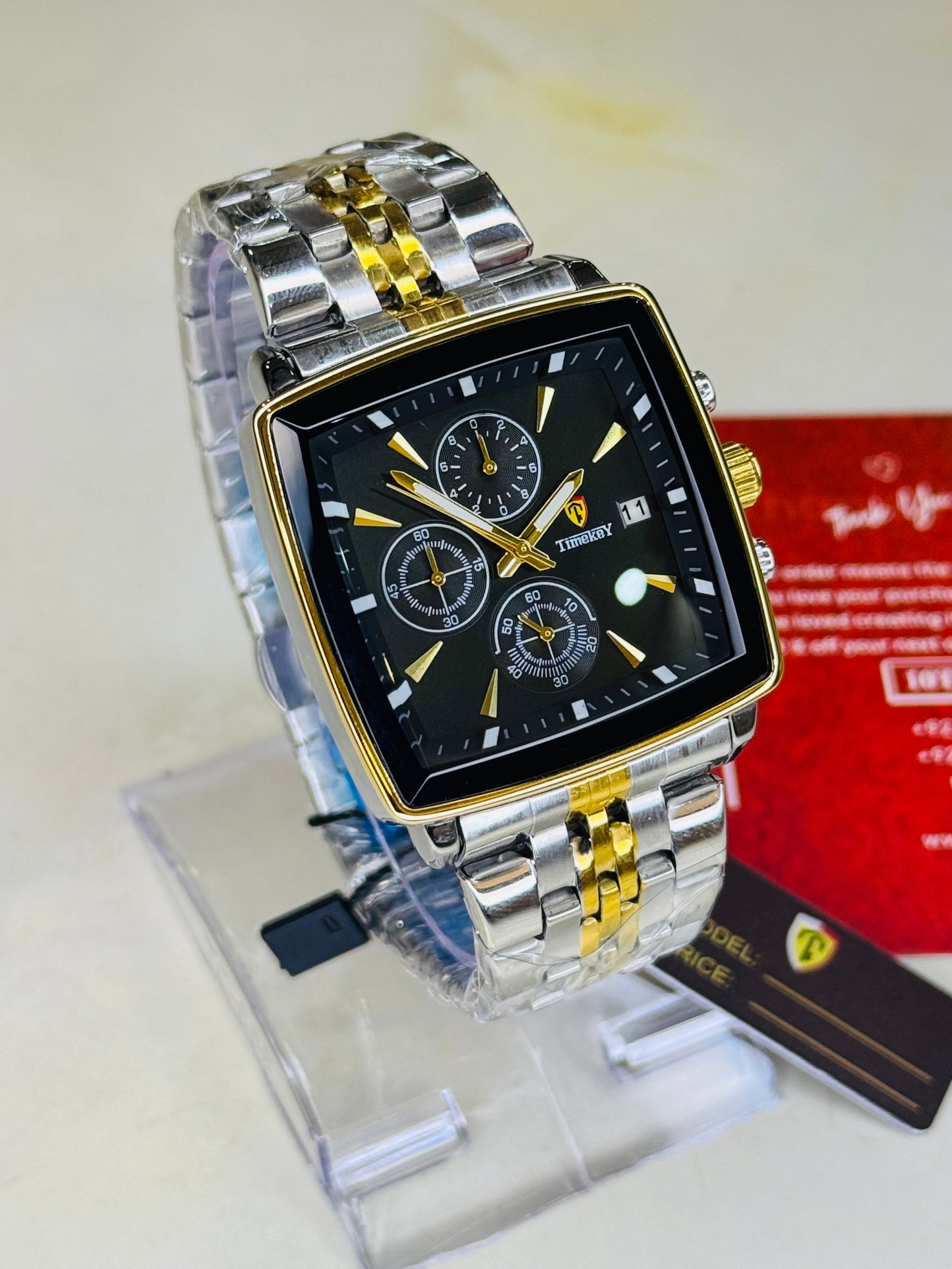 Timekey Two Tone Black Square Chain Chronograph Watch