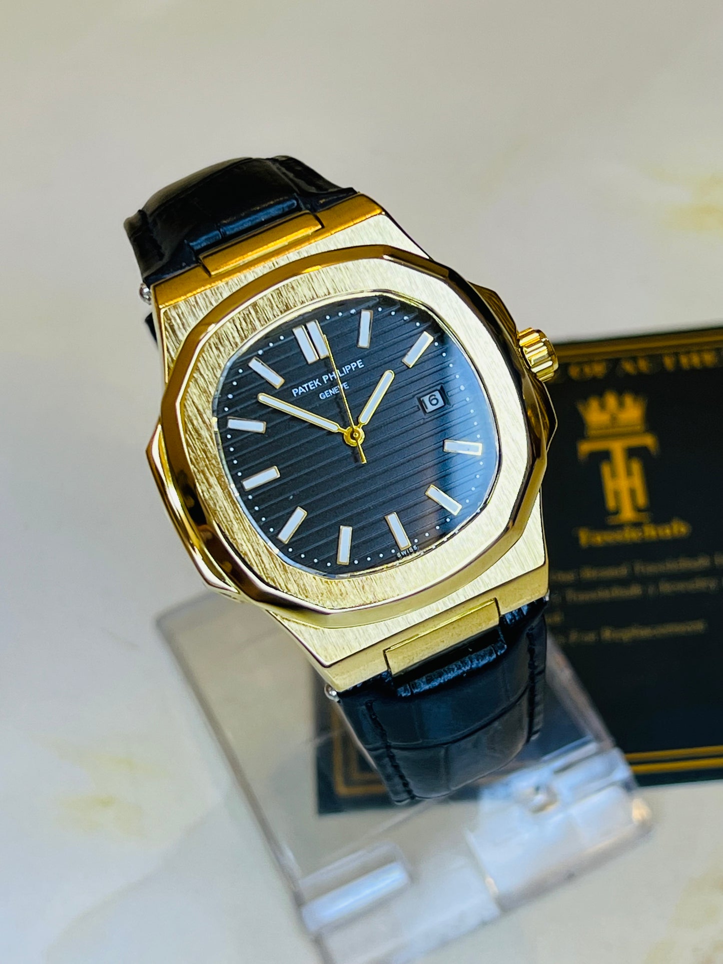 Black Leather Gold Black Dial Nautilus Watch