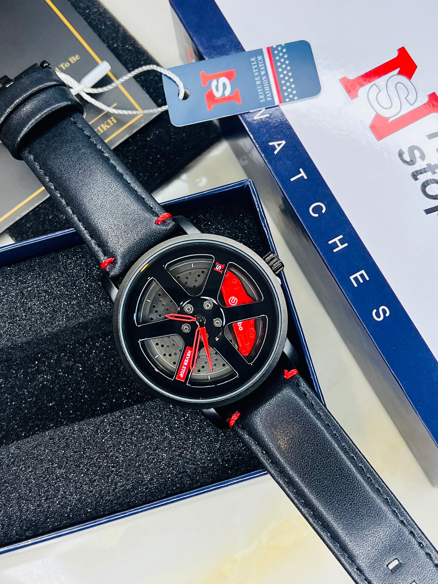 Black Red Leather Strapped Spinner NS Watch