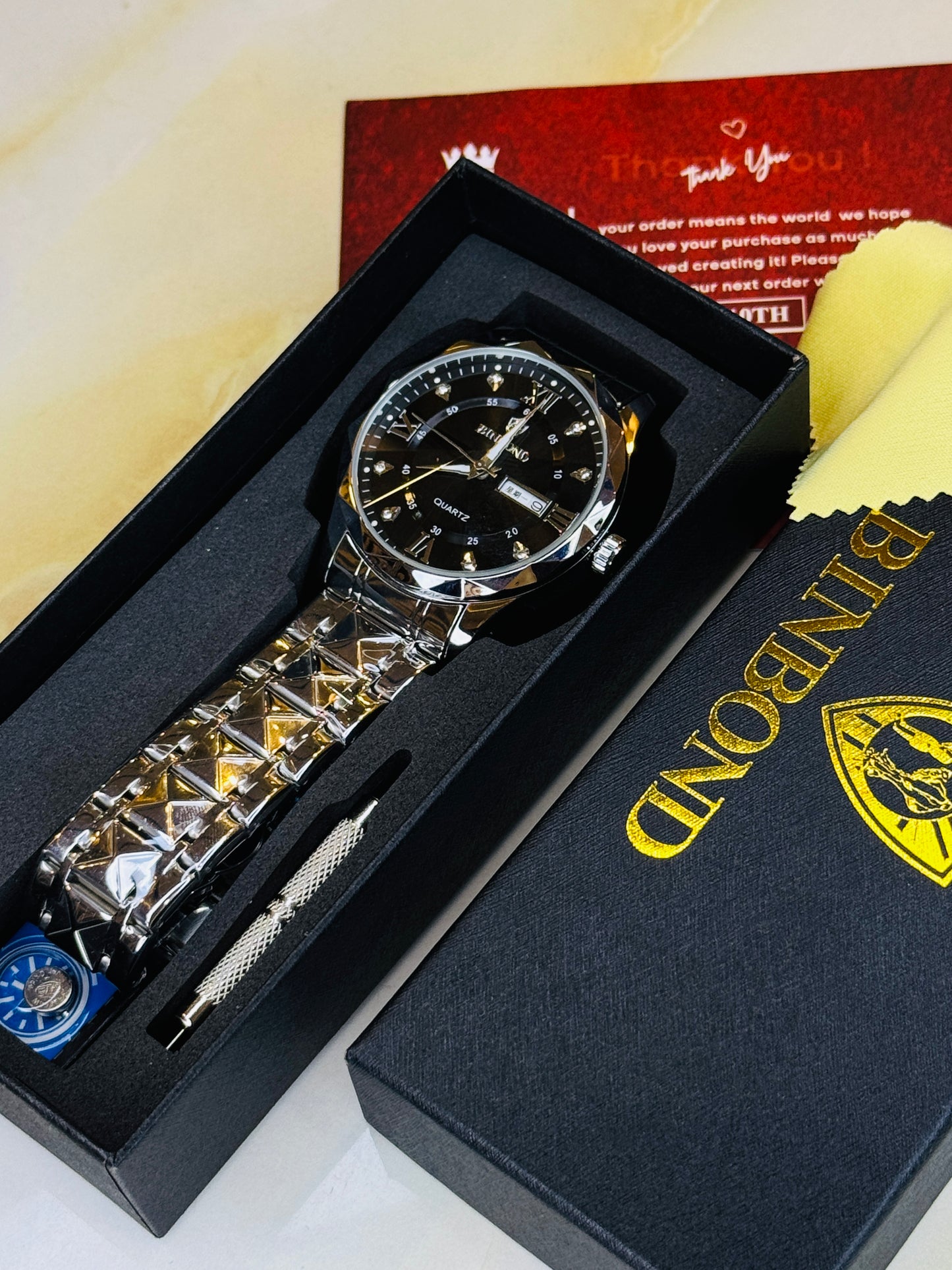 Silver Black Binbond Diamond Dial Watch