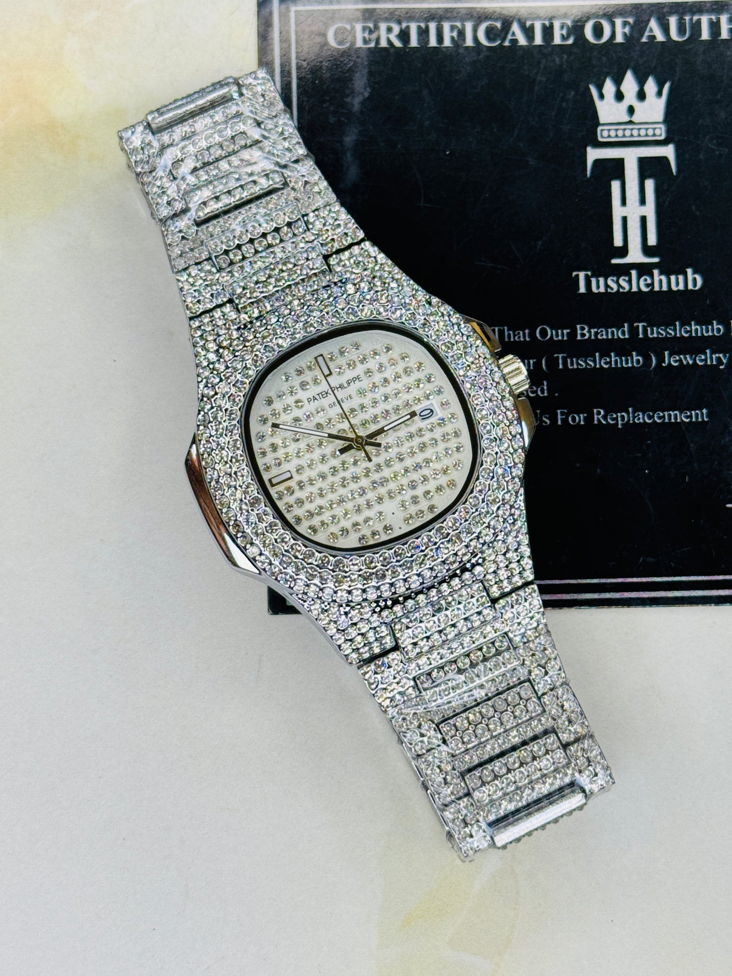Silver Iced Out Nautilus Watch