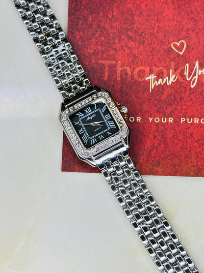 Silver Black Zircon Santos Watch For Her