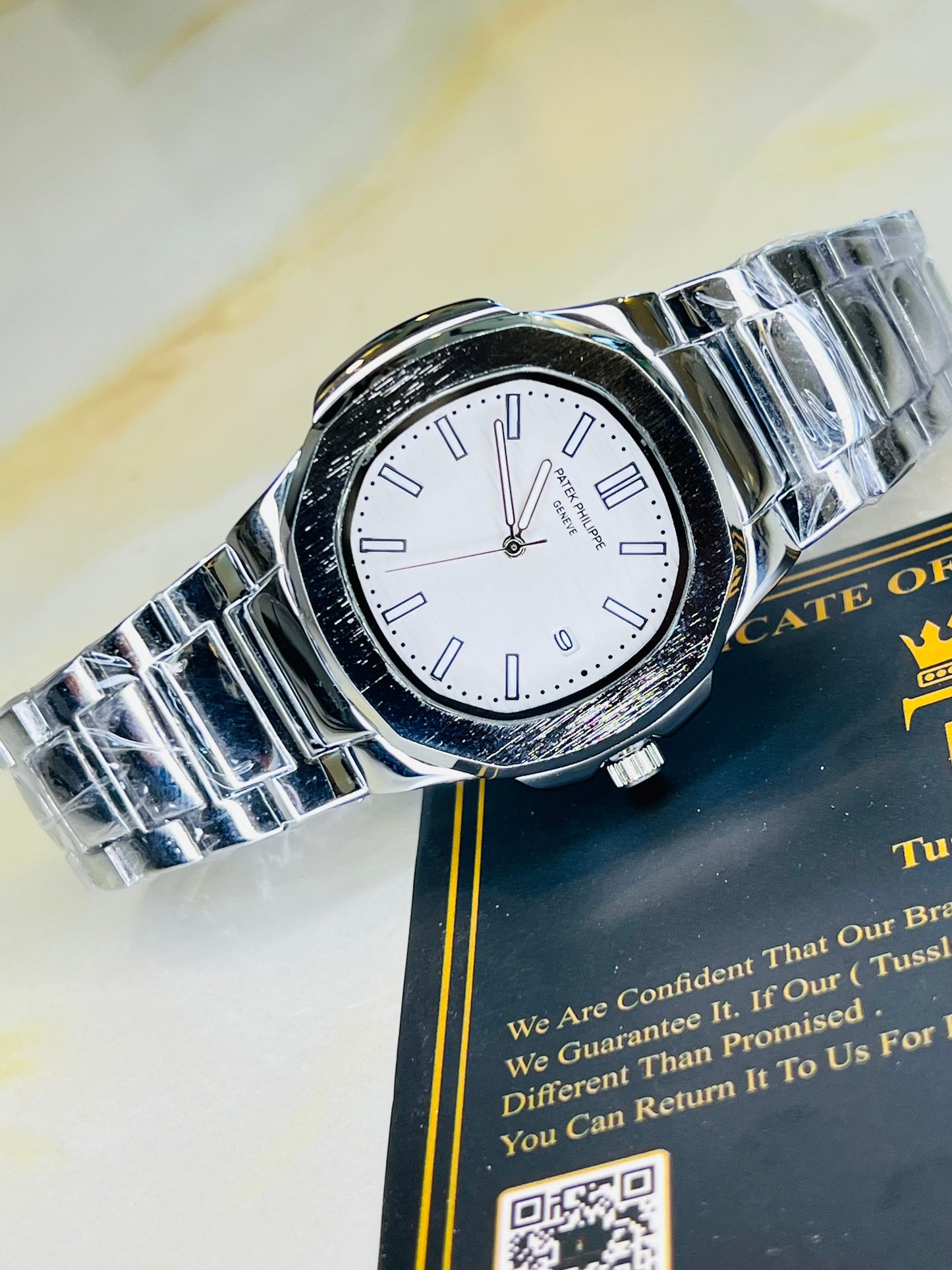 Silver Nautilus White Dial Watch