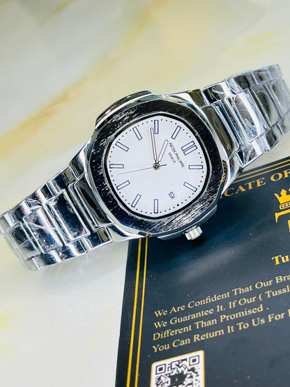 Silver Nautilus White Dial Watch