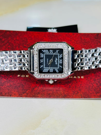 Silver Black Zircon Santos Watch For Her