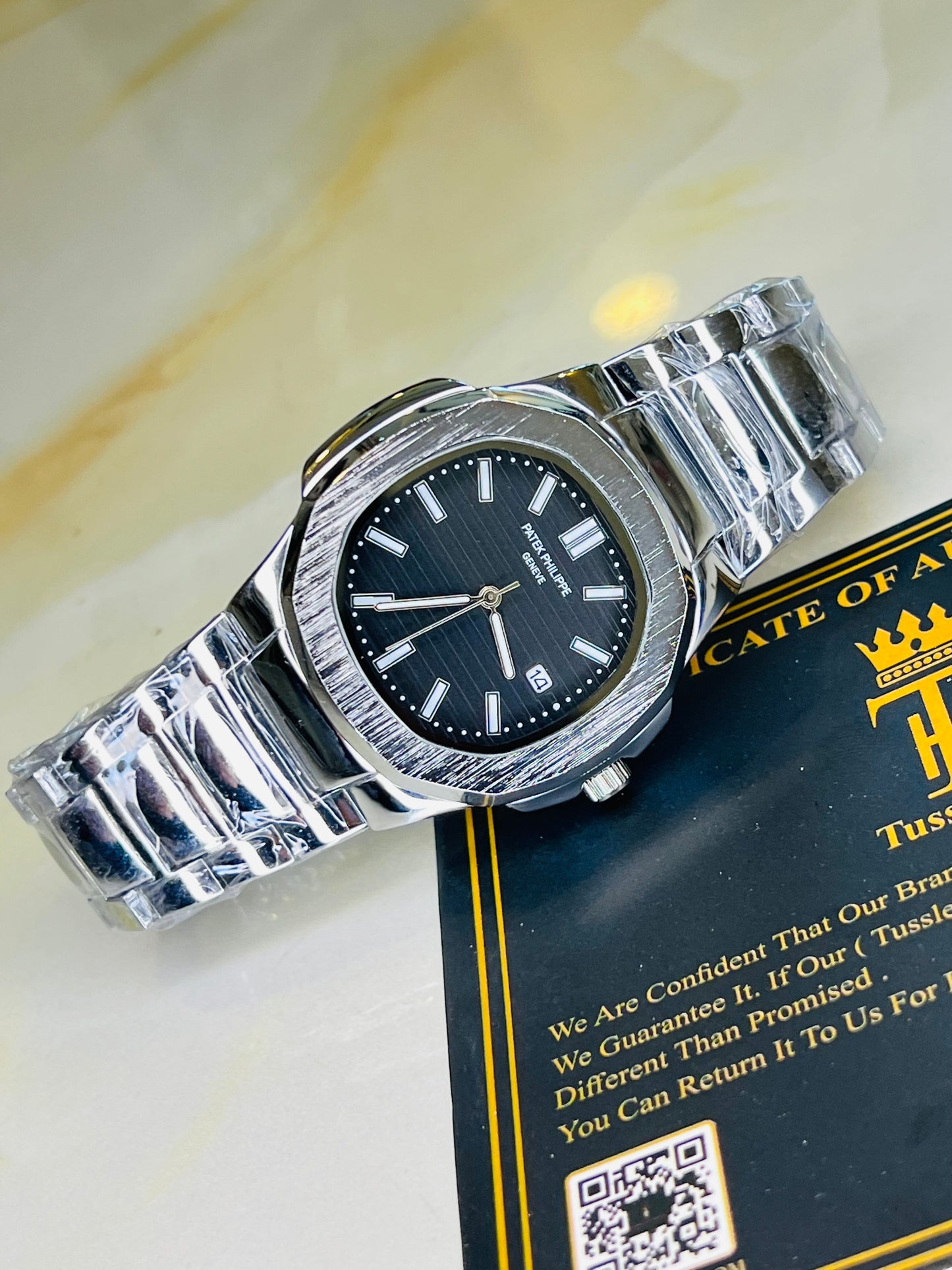 Silver Nautilus Black Dial Watch