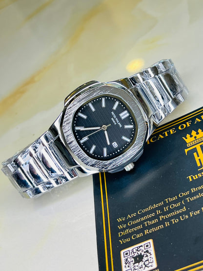 Silver Nautilus Black Dial Watch