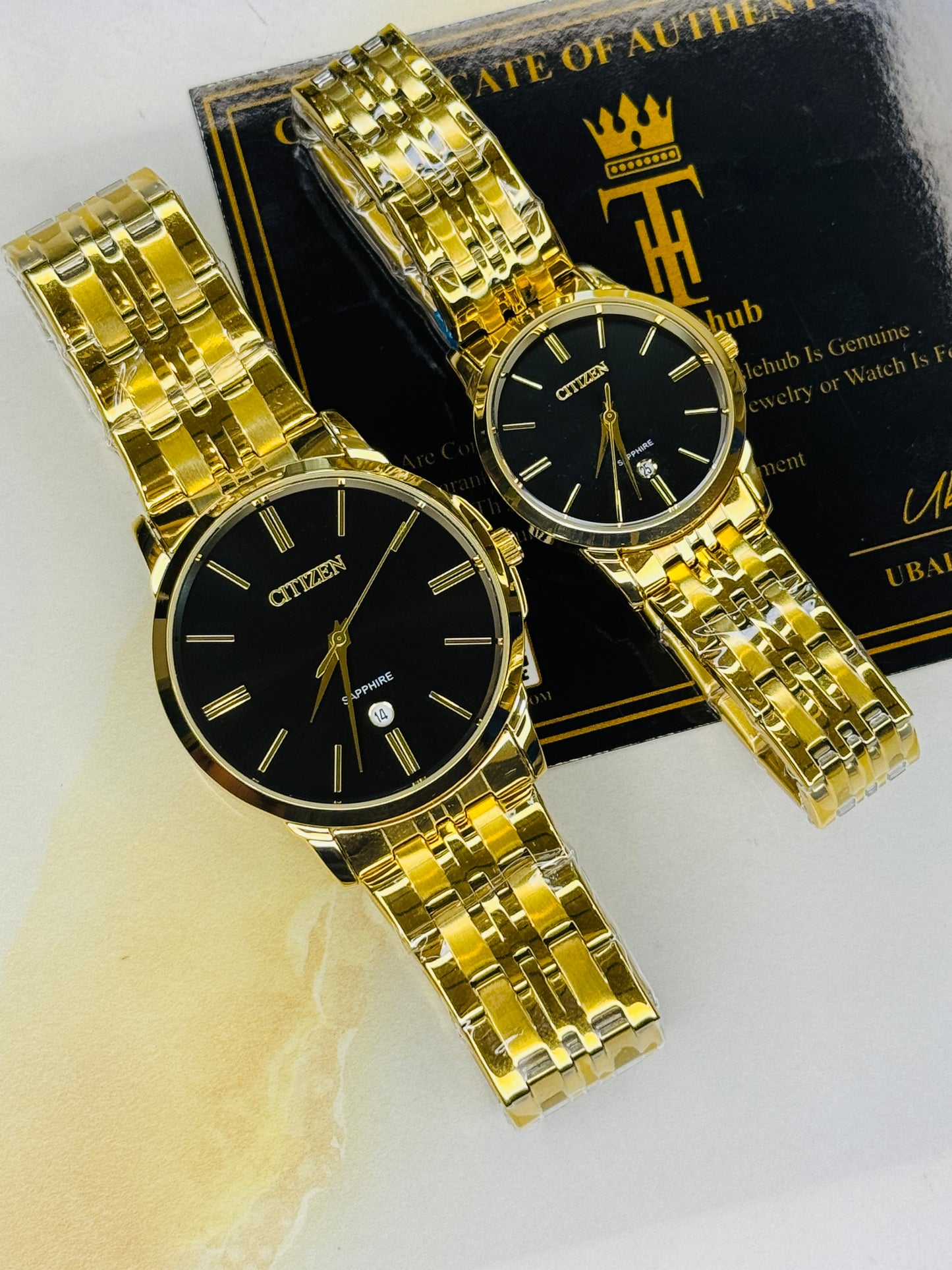 Gold Black Down Date Citizen Couple Watch