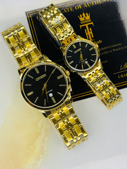 Gold Black Down Date Citizen Couple Watch